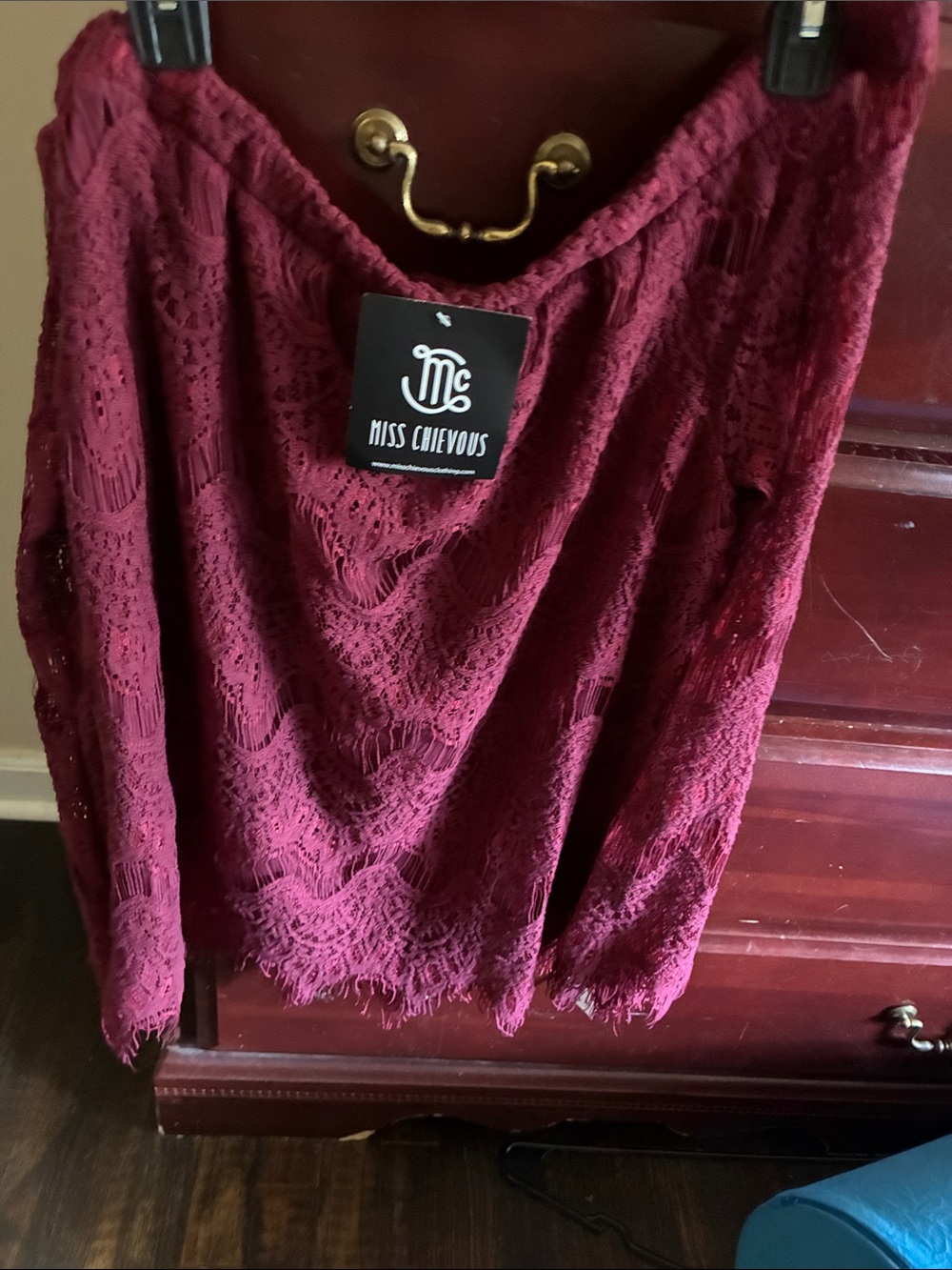 Miss Chievous Wine Lace Off The Shoulder Long Sleeve Top